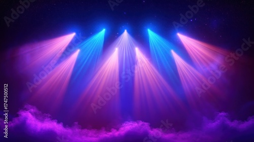 Bright colorful stage lights casting blue and pink beams through misty smoky atmosphere, creating a vibrant and dynamic mood