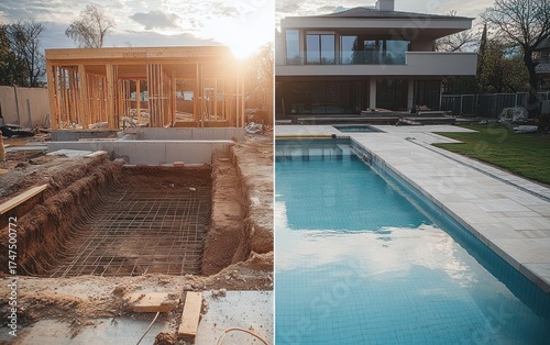 Comparison of pool construction site with new wooden frame house and completed modern house with empty swimming pool under cloudy sky