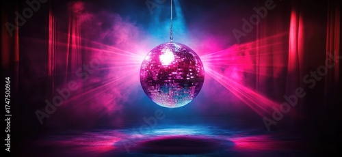 Shiny disco ball illuminated by vibrant pink and blue lights with smoky background and red curtains creating a lively party atmosphere