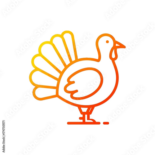 Minimalist gradient outline icon of a turkey, standing sideways, on a white background, perfect for holiday designs.