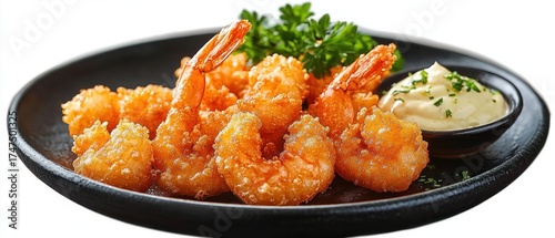 Golden crispy fried shrimp served on a black plate accompanied by creamy dipping sauce and fresh green parsley garnish, evoking a tempting and savory feeling