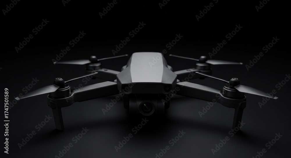 Naklejka premium Gray drone on a dark surface facing forward with propellers visible.