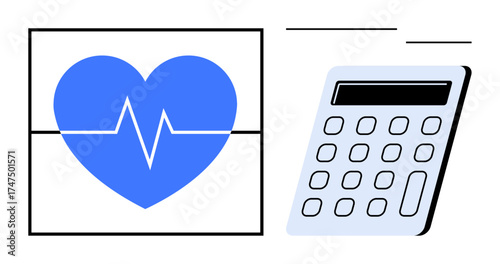Blue heart with heartbeat line next to calculator emphasizes health management and financial planning. Ideal for healthcare, budgeting, insurance, wellness, fitness, digital tools, simple flat