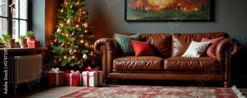 Cozy Christmas loft scene Brown leather couch, decorated fir, presents , texture, view