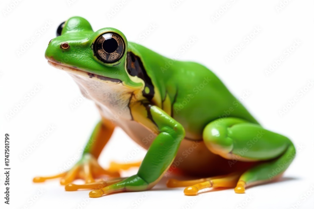 Naklejka premium European tree frog, Hyla arborea, isolated, white background, right profile view, reptile, white background