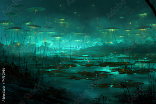 Mystical marsh scene: An ethereal and surreal marsh scene unveils a symphony of glowing luminous plants reflecting on the water, evokes mystery and dreamlike ambiance.