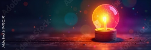 Rainbow hues burst around glowing bulb on wood , imagination, thinking, unique