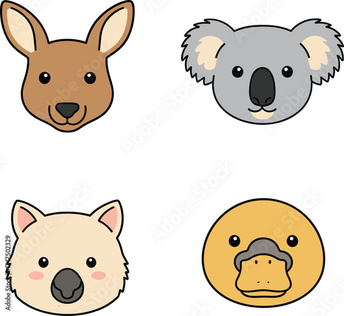 Cute Flat Vector Head Icons of kangaroo, koala, wombat, and platypus Simple Color And Bold Outline adorable design perfect for children's products, logos, stickers, and educational materials.