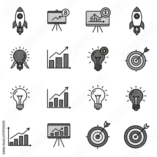 Vector illustration of business and finance icons featuring rockets, charts, lightbulbs, and targets in a modern, minimalist style.