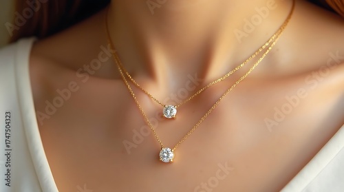 Elegant gold necklaces featuring solitaire diamond pendants, showcased with a soft focus on a person's neck