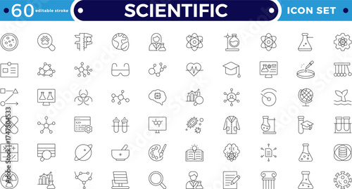 Scientific outline icon set highlights essential elements of scientific trials and medical research. Ideal for illustrating protocols, data validation, risk evaluation. Editable stroke outline icon. 
