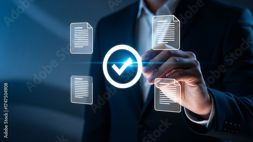 Businessman approves digital documents with futuristic technology