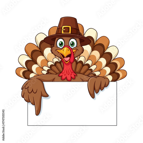 A cartoon pilgrim turkey wearing a hat points down at a blank sign, ready for text.