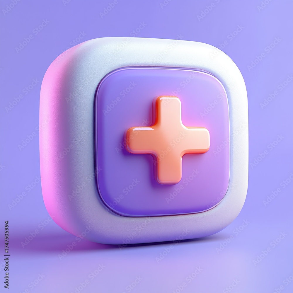 Fototapeta premium 3d rounded square button with a raised orange plus sign on a purple square background, set against a soft purple backdrop with gentle pink and blue lighting