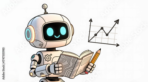A cute robot studying data analysis and plotting growth with a pencil and notebook.