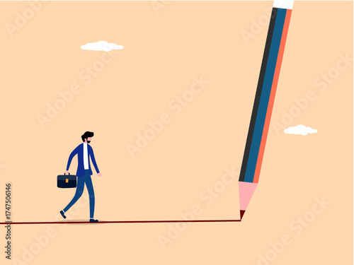 predetermined path, a businessman walks along a pencil drawn line