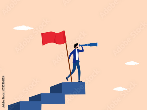 successful businessman holding a victory flag is looking for a new goal