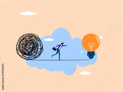 Discover a simple solution. businessman walks away from the chaos and into a lightbulb idea