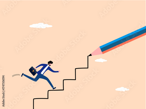 Following the instructions step by step, businessman followed the pencil drawing of the stairs up
