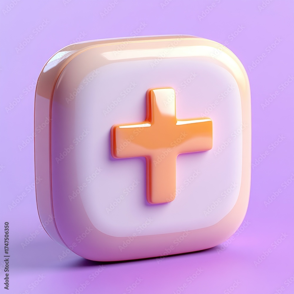 Obraz premium Shiny three-dimensional rounded square button with a raised plus sign in warm orange on a soft purple gradient background
