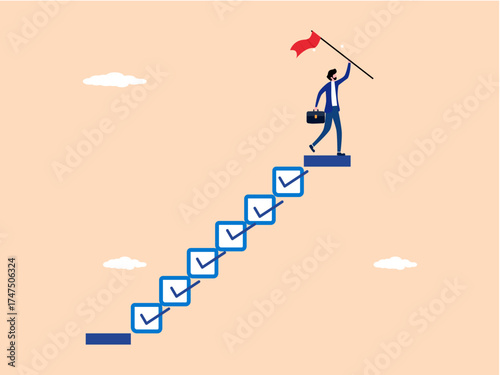 End, completion, businessman steps onto a checklist ladder to reach the goal