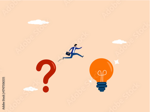 Businessman jumps to light bulb, problem solving