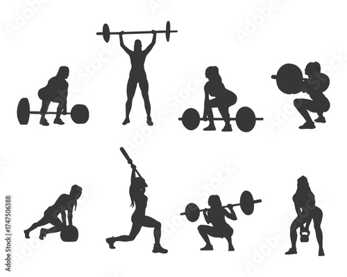 girl workout gym lady body building set collection pack bundle black shape icon silhouette vector flat illustration design on white background