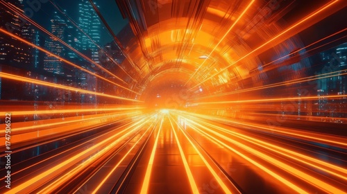Interior view of a futuristic tunnel with bright orange glowing lines converging towards a cityscape with tall skyscrapers at night, conveying speed and technological advancement