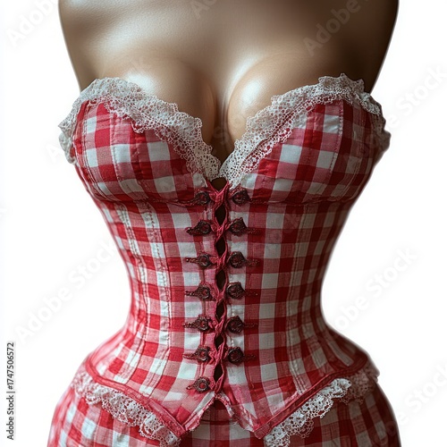 close-up of a red and white checkered corset with lace trim on a mannequin torso highlighting the cinched waist and intricate button details