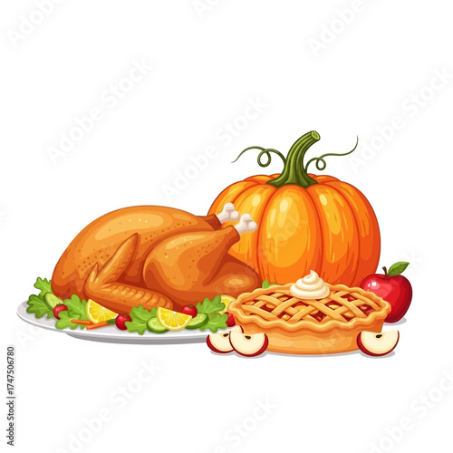 Thanksgiving feast with roasted turkey on a platter, a whole pumpkin, and an apple pie with fresh apples.
