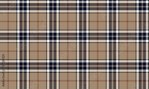 Seamless plaid patterns in beige, navy, white, and orange give a sleek and contemporary feel to clothing, skirts, pants, and dresses in minimalist or classic styles.