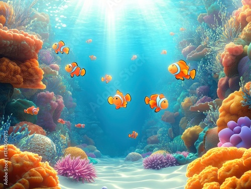 Fototapeta Naklejka Na Ścianę i Meble -  Bright underwater coral reef scene with colorful orange clownfish swimming among diverse vibrant corals illuminated by shafts of sunlight