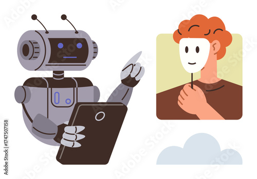 Robot examining identity with tablet as person conceals face with mask. Ideal for AI ethics, online fraud, deception, privacy, human-machine interaction, identity theft, cybersecurity. Simple flat