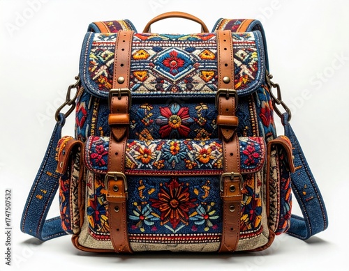 Intricate Floral Patterned Backpack with Brown Leather Straps on White Background