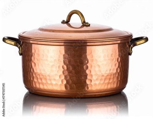 Hammered Copper Pot with Lid and Brass Handles on White Background