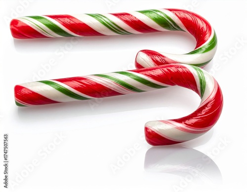 Two Red White Green Striped Candy Canes on Reflective White Background