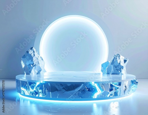 Icy Blue Pedestal with Glowing Sphere and Ice Pieces in Elegant Light Setting