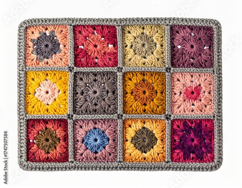 Colorful Crochet Squares Blanket with Gray Border on White Background