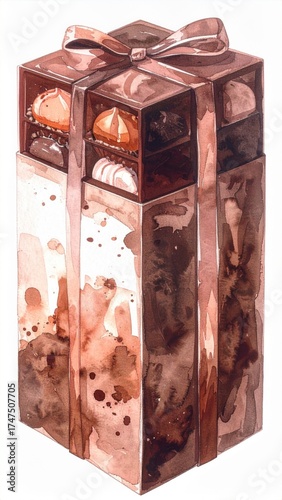 Watercolor Illustration of a Tall Dark Chocolate Gift Box Tied with Ribbon