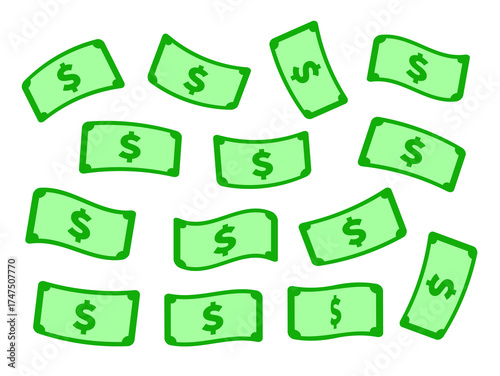 2d green dollar bills with dollar signs in different angle, isolated on white background. Vector illustration