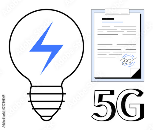 Lightbulb with lightning bolt, signed document, bold 5G text. Ideal for innovation, technology, connectivity, contracts, future communication research. Clean simple flat metaphor