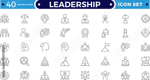 Leadership outline icon set. Containing leader, vision, guidance, mentorship, coaching, influence, charisma, challenge, lead, Motivation, Goal, Career, Mountain Peak. Editable stroke outline icon. 
