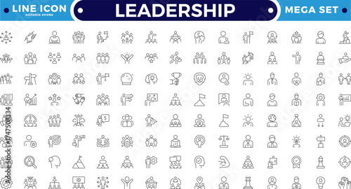 Leadership outline icon set. Containing leader, vision, guidance, mentorship, coaching, influence, charisma, challenge, lead, Motivation, Goal, Career, Mountain Peak. Editable stroke outline icon. 
