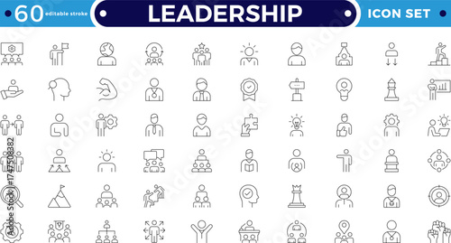 Leadership outline icon set. Containing leader, vision, guidance, mentorship, coaching, influence, charisma, challenge, lead, Motivation, Goal, Career, Mountain Peak. Editable stroke outline icon. 
