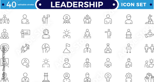 Leadership outline icon set. Containing leader, vision, guidance, mentorship, coaching, influence, charisma, challenge, lead, Motivation, Goal, Career, Mountain Peak. Editable stroke outline icon. 
