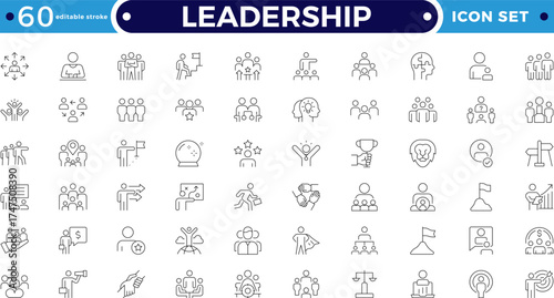 Leadership outline icon set. Containing leader, vision, guidance, mentorship, coaching, influence, charisma, challenge, lead, Motivation, Goal, Career, Mountain Peak. Editable stroke outline icon. 
