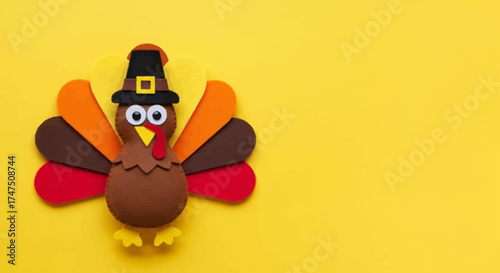 A cute, cartoonish Thanksgiving turkey craft with colorful feathers and a pilgrim hat on a bright yellow background.