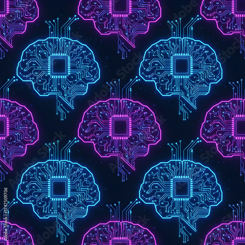 Futuristic AI Brain Circuit. Modern vector style. Seamless pattern.