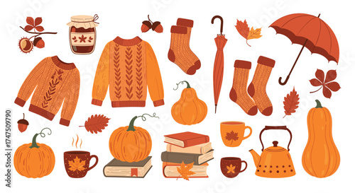A cozy collection of autumn themed objects perfect for the fall season.