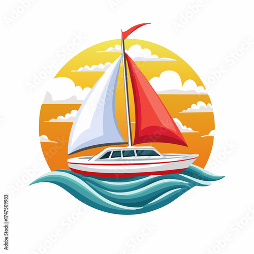A whimsical cartoon sailboat navigates calm waters against a radiant sunset backdrop